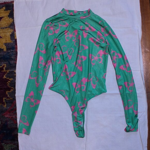 asos Teal & Pink Butterfly Mock Neck Body Suit Size 0 - Picture 1 of 8